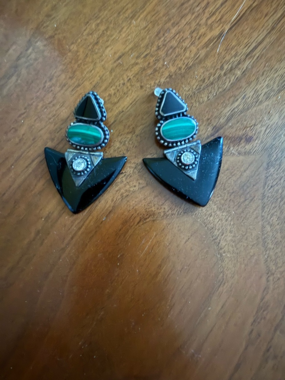 Onyx and Malachite Statement Drop Earrings in Silver
